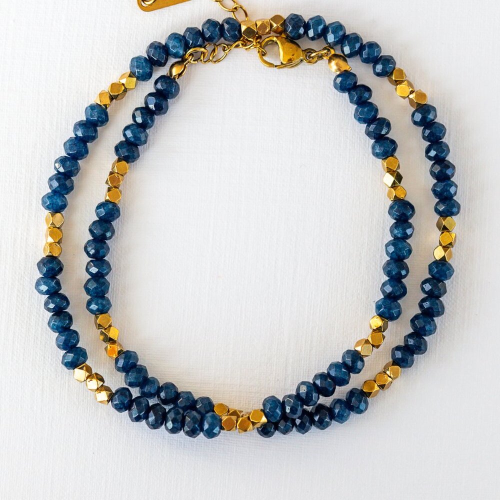 Navy Chalcedony Gemstone Beaded Necklace w/Gold Beads WATERPROOF Gold Chain